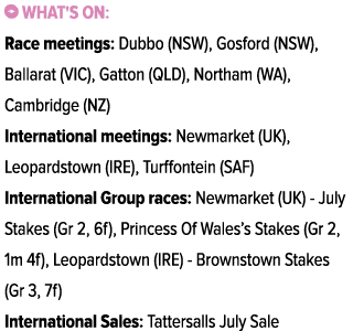￼ What's on: Race meetings: Dubbo (NSW), Gosford (NSW), Ballarat (VIC), Gatton (QLD), Northam (WA), Cambridge (NZ) In...