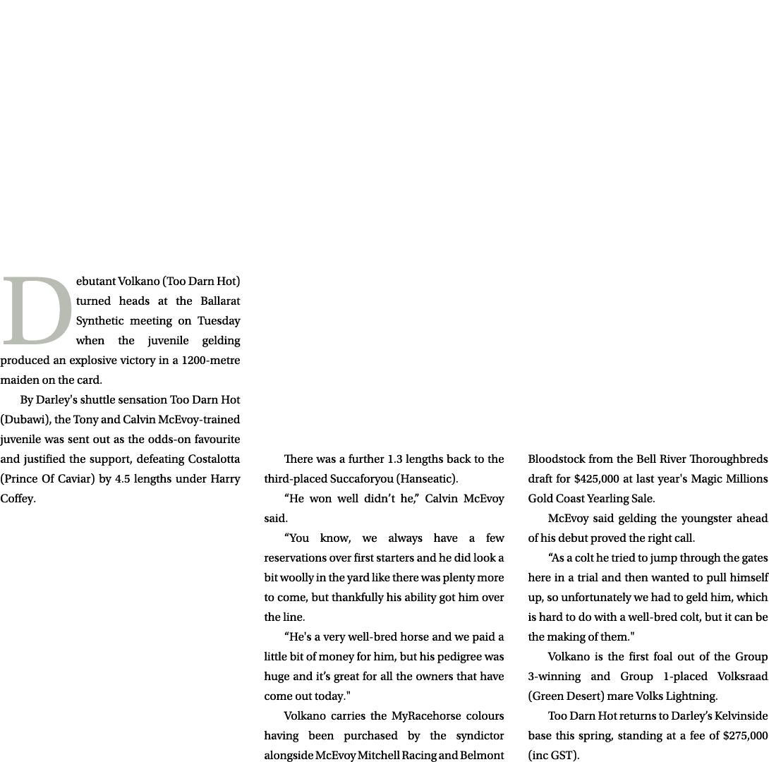  Debutant Volkano (Too Darn Hot) turned heads at the Ballarat Synthetic meeting on Tuesday when the juvenile gelding ...