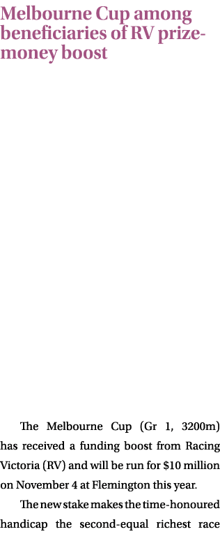 Melbourne Cup among beneficiaries of RV prize money boost The Melbourne Cup (Gr 1, 3200m) has received a funding boos...