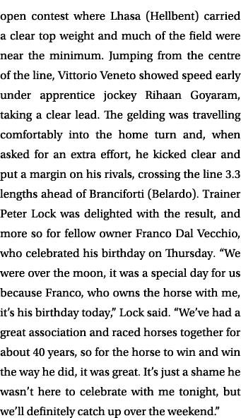 open contest where Lhasa (Hellbent) carried a clear top weight and much of the field were near the minimum. Jumping f...