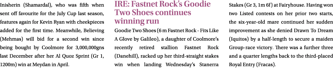 Inisherin (Shamardal), who was fifth when sent off favourite for the July Cup last season, features again for Kevin R...