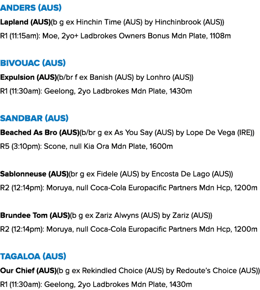 Anders (AUS) Lapland (AUS)(b g ex Hinchin Time (AUS) by Hinchinbrook (AUS)) R1 (11:15am): Moe, 2yo+ Ladbrokes Owners ...