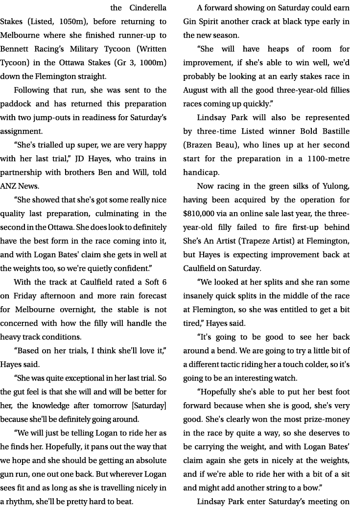 the Cinderella Stakes (Listed, 1050m), before returning to Melbourne where she finished runner up to Bennett Racing’s...