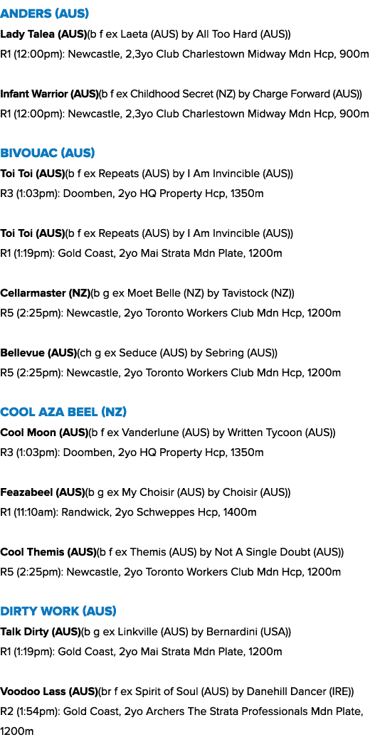 Anders (AUS) Lady Talea (AUS)(b f ex Laeta (AUS) by All Too Hard (AUS)) R1 (12:00pm): Newcastle, 2,3yo Club Charlesto...