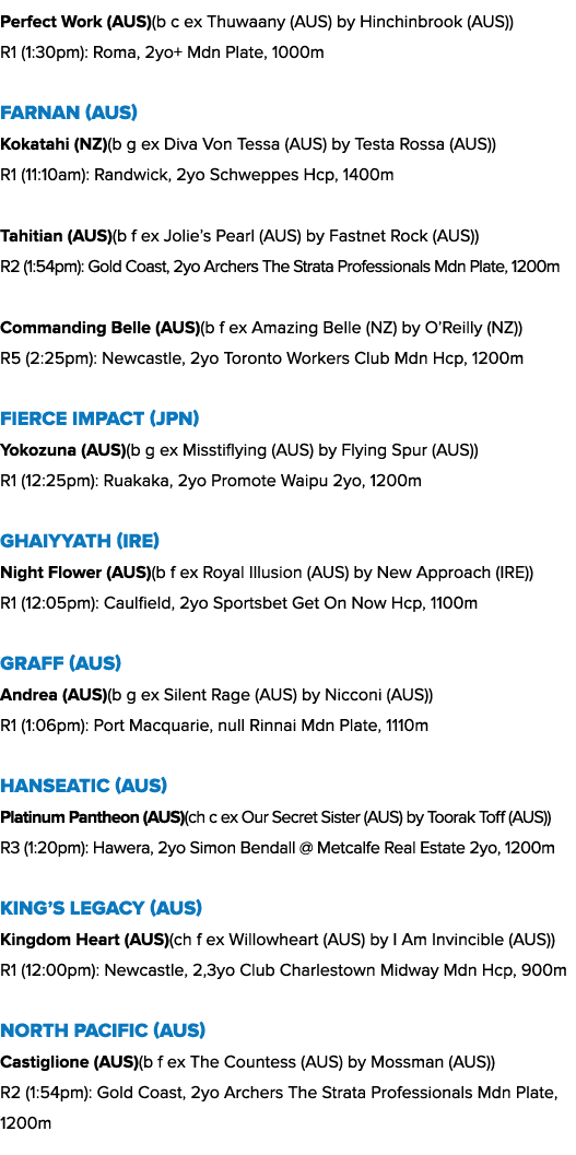 Perfect Work (AUS)(b c ex Thuwaany (AUS) by Hinchinbrook (AUS)) R1 (1:30pm): Roma, 2yo+ Mdn Plate, 1000m Farnan (AUS)...