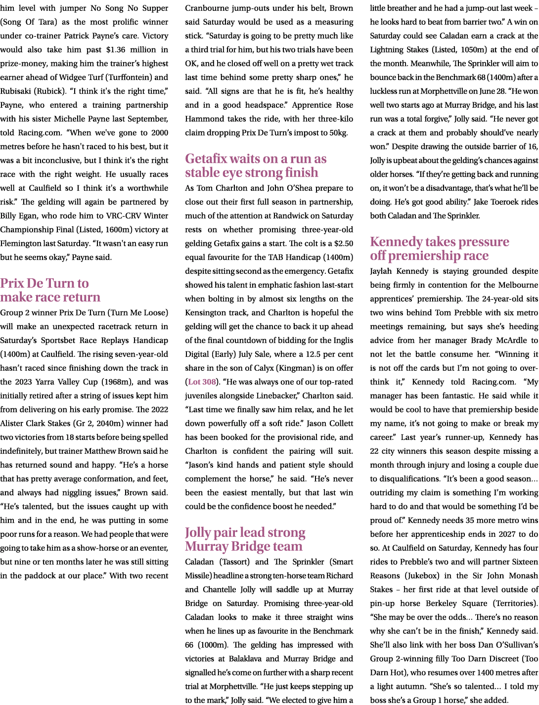 him level with jumper No Song No Supper (Song Of Tara) as the most prolific winner under co trainer Patrick Payne’s c...
