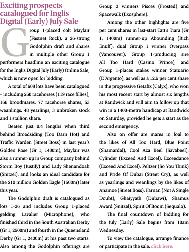 Exciting prospects catalogued for Inglis Digital (Early) July Sale Group 1 placed colt Mayfair (Fastnet Rock), a 26 s...