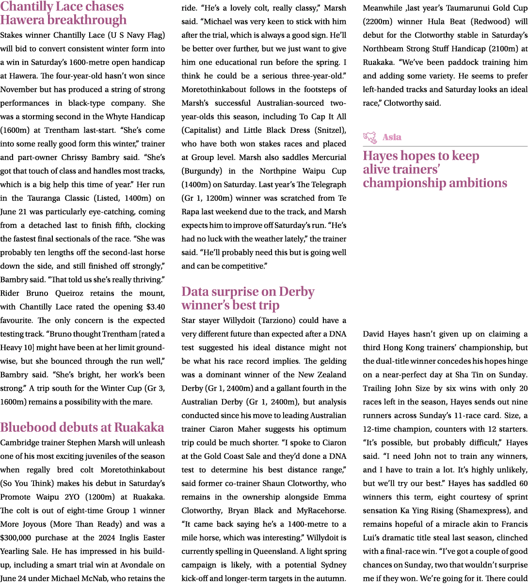 Chantilly Lace chases Hawera breakthrough Stakes winner Chantilly Lace (U S Navy Flag) will bid to convert consistent...