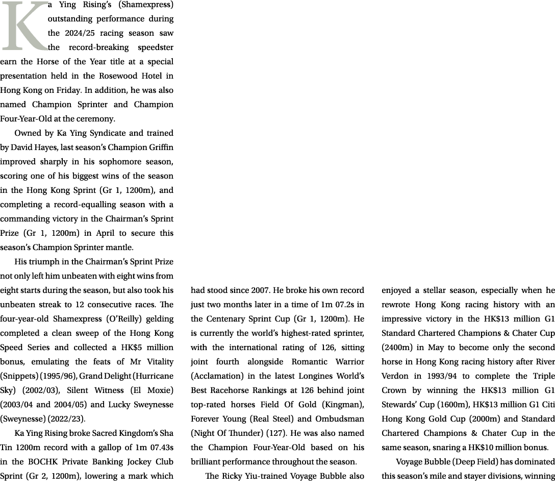 Ka Ying Rising’s (Shamexpress) outstanding performance during the 2024/25 racing season saw the record breaking speed...