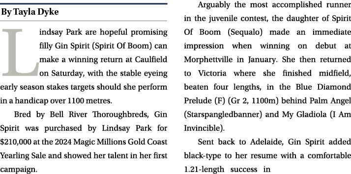 ￼ Lindsay Park are hopeful promising filly Gin Spirit (Spirit Of Boom) can make a winning return at Caulfield on Satu...