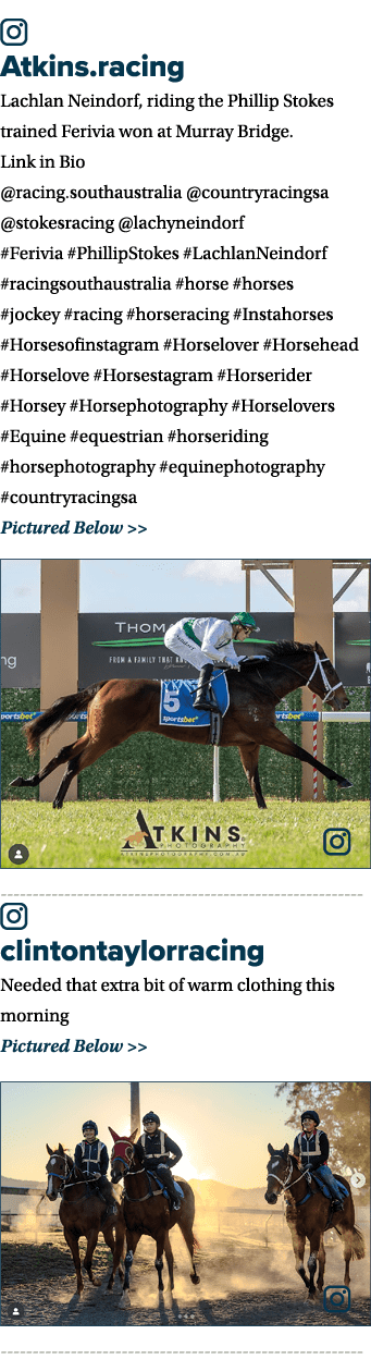 ￼ Atkins.racing Lachlan Neindorf, riding the Phillip Stokes trained Ferivia won at Murray Bridge. Link in Bio @racing...