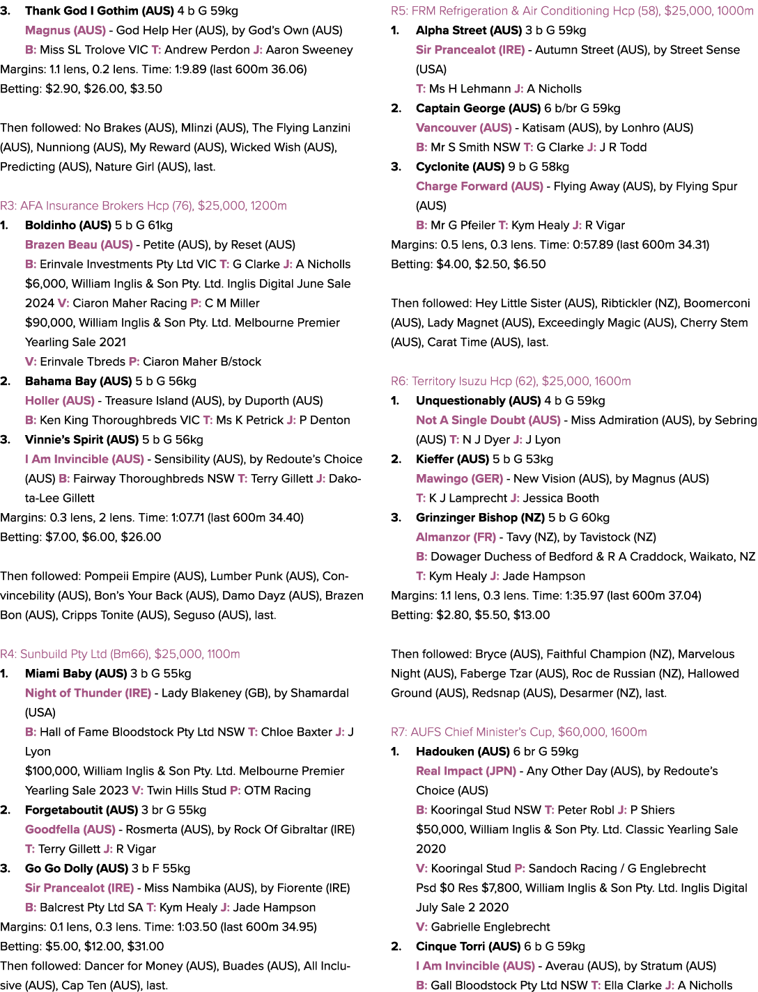 3. Thank God I Gothim (AUS) 4 b G 59kg Magnus (AUS) God Help Her (AUS), by God’s Own (AUS) B: Miss SL Trolove VIC T: ...