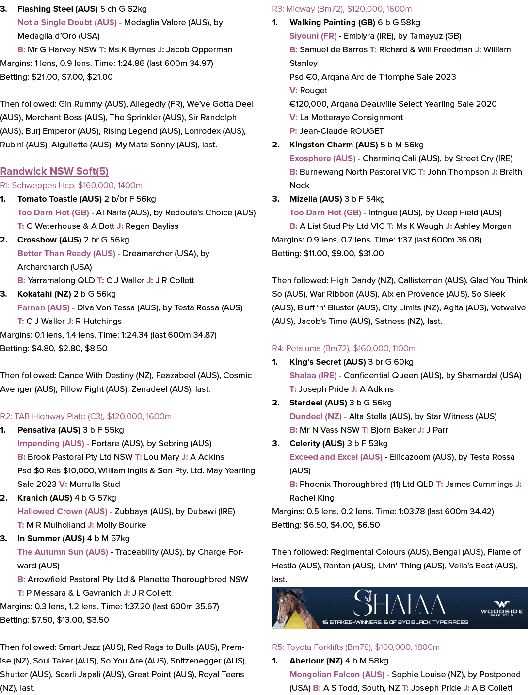 3. Flashing Steel (AUS) 5 ch G 62kg Not a Single Doubt (AUS) Medaglia Valore (AUS), by Medaglia d’Oro (USA) B: Mr G H...