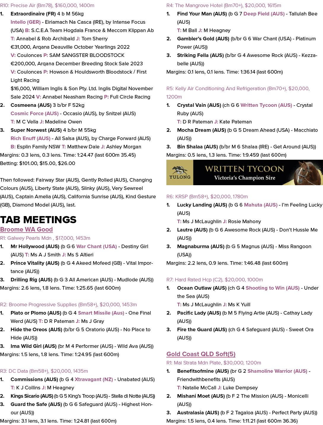 R10: Precise Air (Bm78), $160,000, 1400m 1. Extraordinaire (FR) 4 b M 56kg Intello (GER) Eiriamach Na Casca (IRE), by...