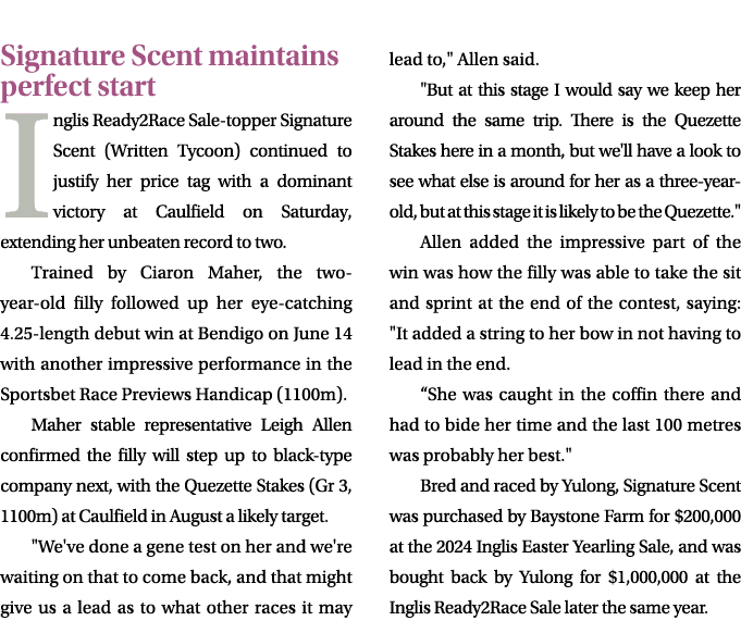 Signature Scent maintains perfect start Inglis Ready2Race Sale topper Signature Scent (Written Tycoon) continued to j...