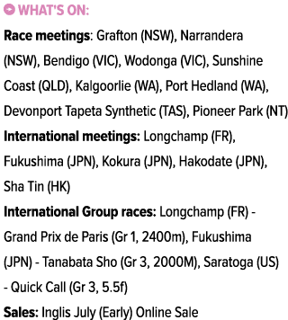 ￼ What's on: Race meetings: Grafton (NSW), Narrandera (NSW), Bendigo (VIC), Wodonga (VIC), Sunshine Coast (QLD), Kalg...