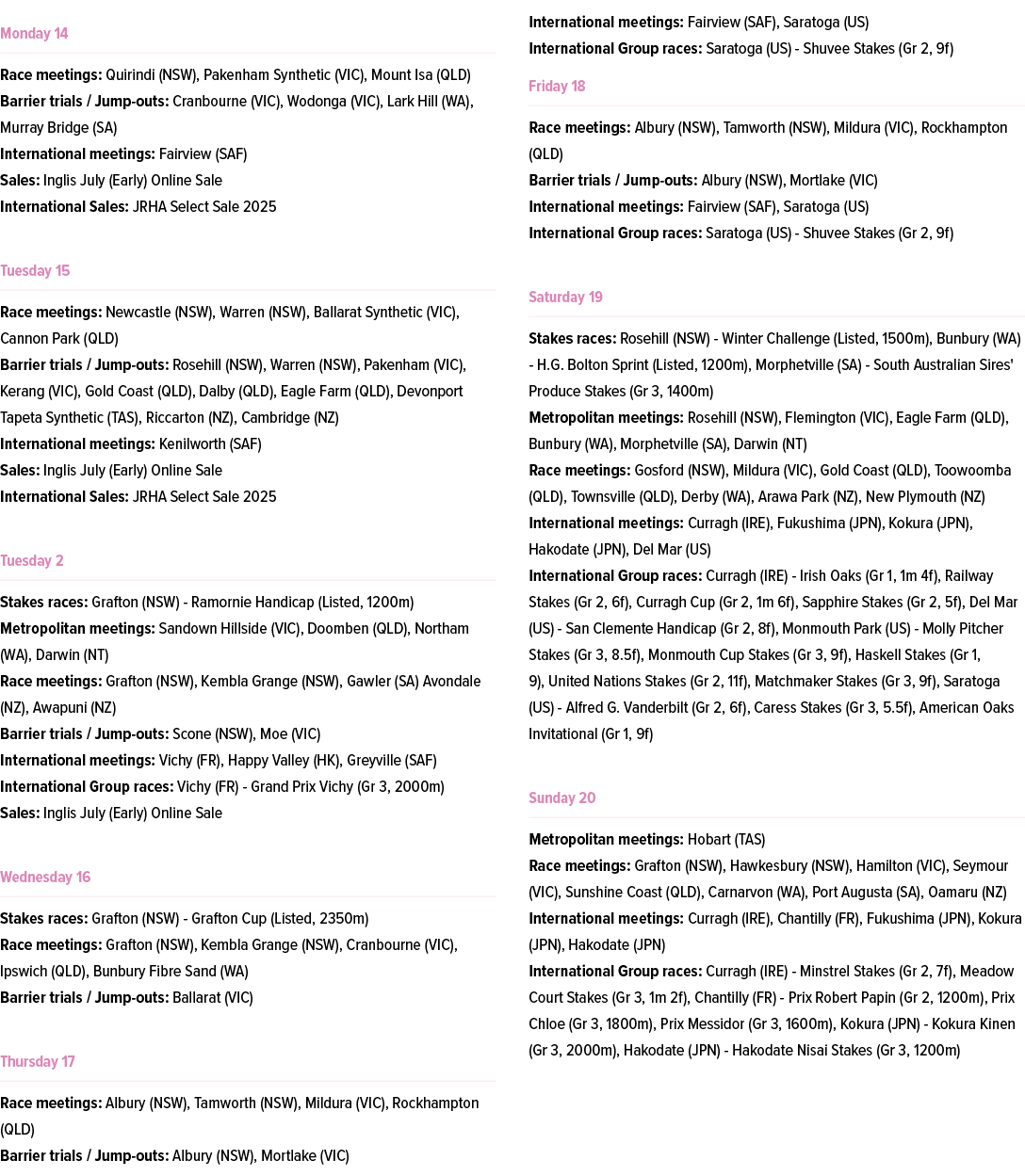 ￼ Race meetings: Quirindi (NSW), Pakenham Synthetic (VIC), Mount Isa (QLD) Barrier trials / Jump outs: Cranbourne (VI...