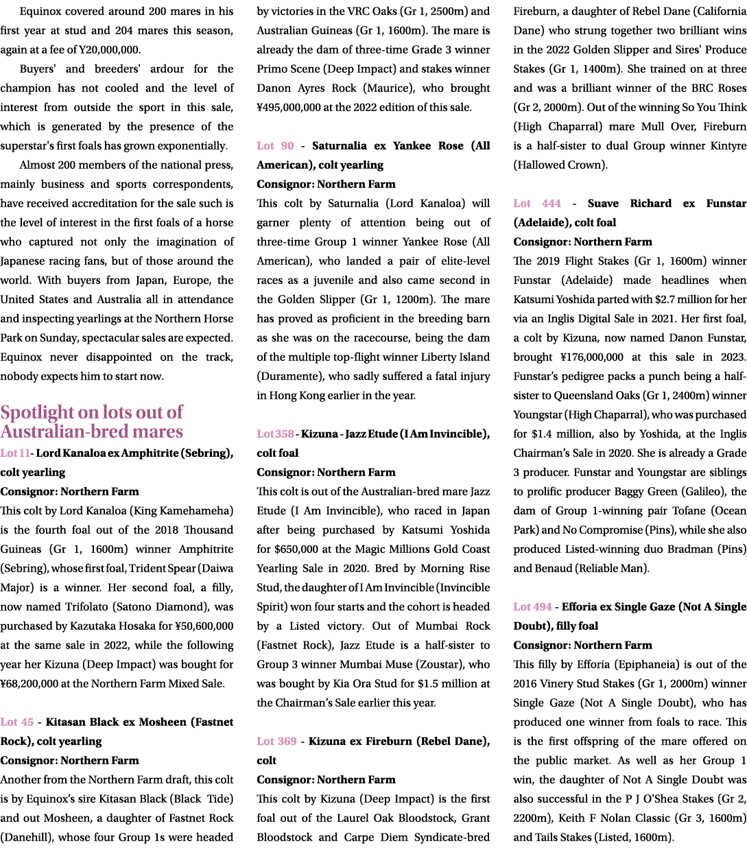 Equinox covered around 200 mares in his first year at stud and 204 mares this season, again at a fee of Y20,000,000. ...
