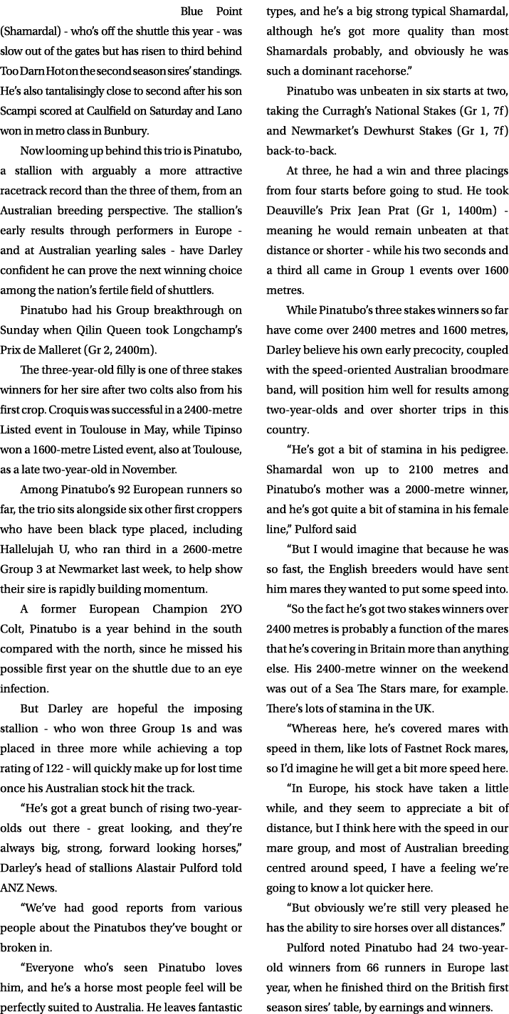Blue Point (Shamardal) who’s off the shuttle this year was slow out of the gates but has risen to third behind Too Da...