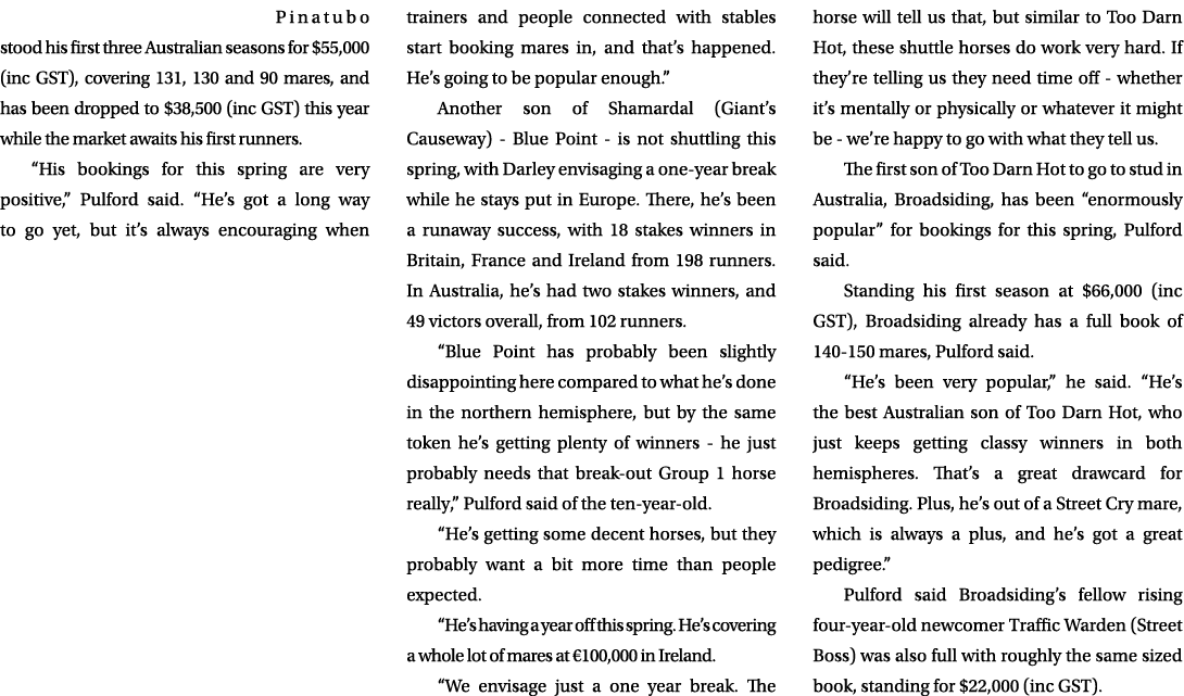 Pinatubo stood his first three Australian seasons for $55,000 (inc GST), covering 131, 130 and 90 mares, and has been...
