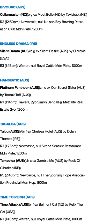 Bivouac (AUS) Cellarmaster (NZ)(b g ex Moet Belle (NZ) by Tavistock (NZ)) R2 (12:50pm): Newcastle, null Nelson Bay Bo...