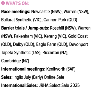 ￼ What's on: Race meetings: Newcastle (NSW), Warren (NSW), Ballarat Synthetic (VIC), Cannon Park (QLD) Barrier trials...