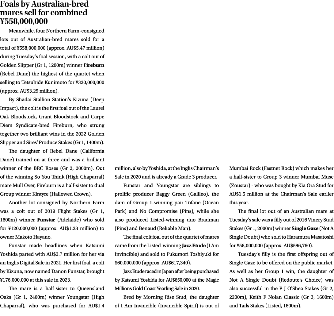 Foals by Australian bred mares sell for combined ¥558,000,000 Meanwhile, four Northern Farm consigned lots out of Aus...