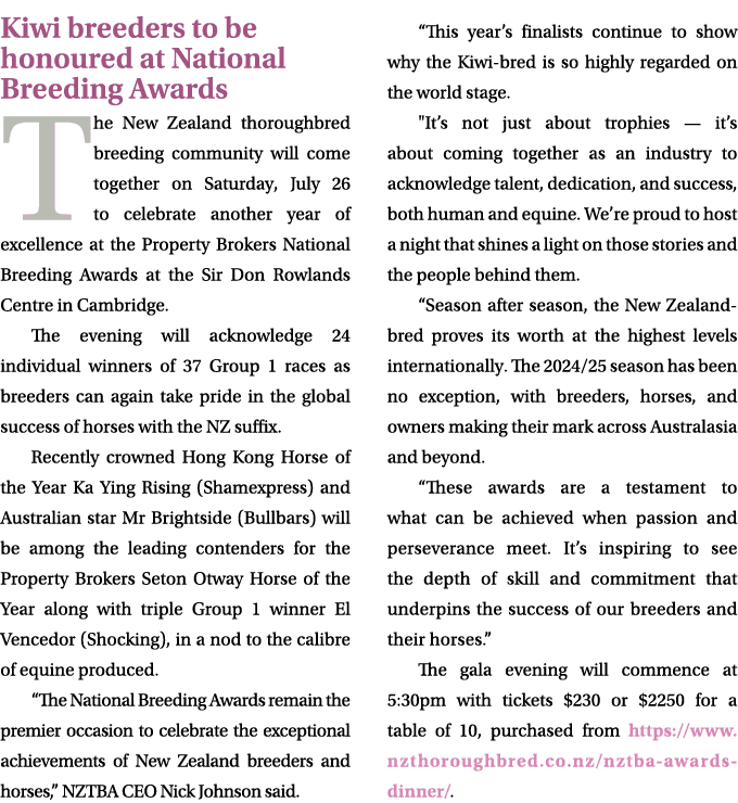 Kiwi breeders to be honoured at National Breeding Awards The New Zealand thoroughbred breeding community will come to...