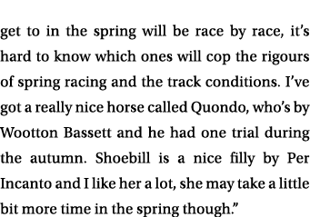 get to in the spring will be race by race, it’s hard to know which ones will cop the rigours of spring racing and the...