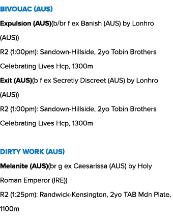Bivouac (AUS) Expulsion (AUS)(b/br f ex Banish (AUS) by Lonhro (AUS)) R2 (1:00pm): Sandown Hillside, 2yo Tobin Brothe...