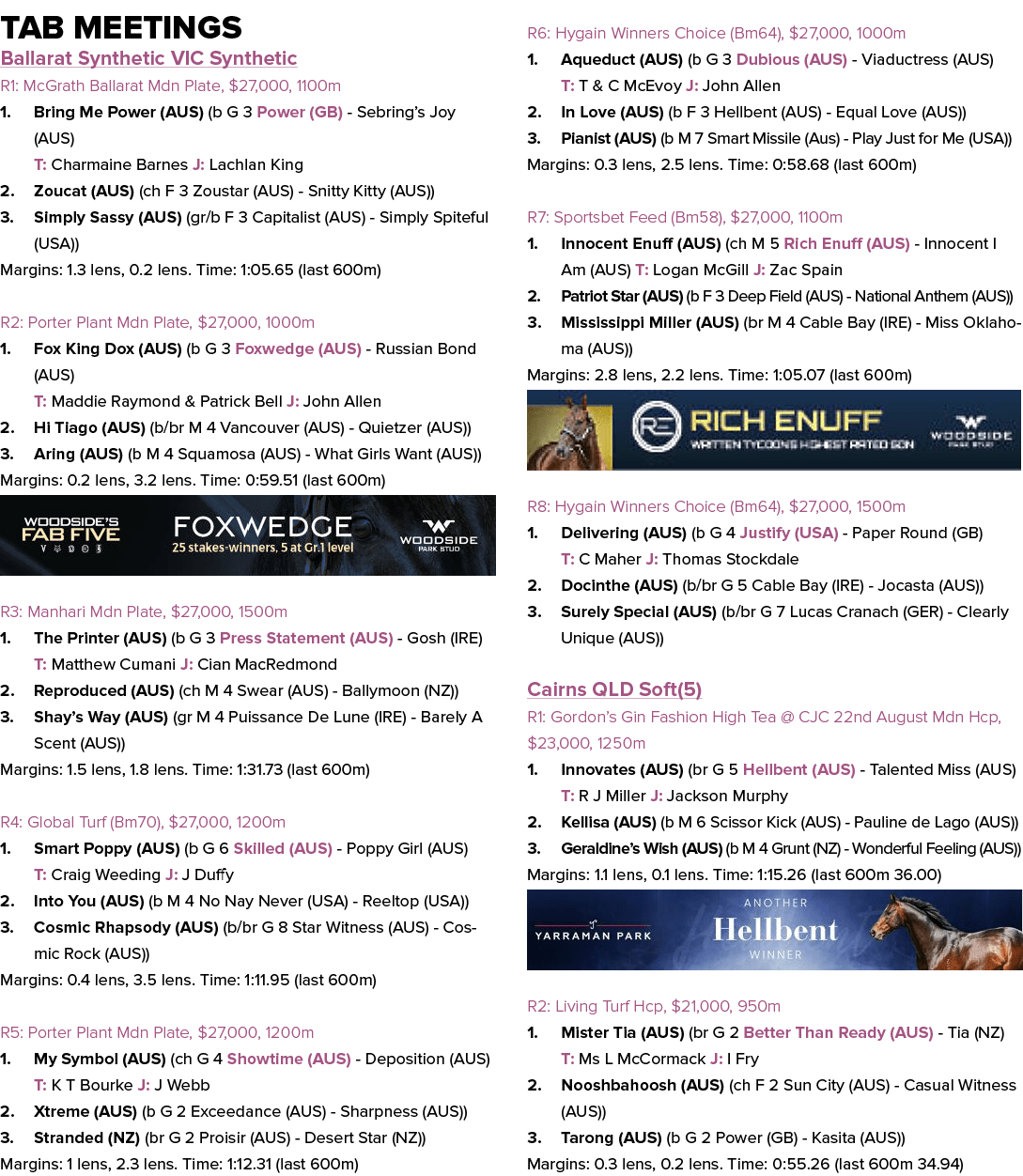 Tab Meetings Ballarat Synthetic VIC Synthetic R1: McGrath Ballarat Mdn Plate, $27,000, 1100m 1. Bring Me Power (AUS) ...