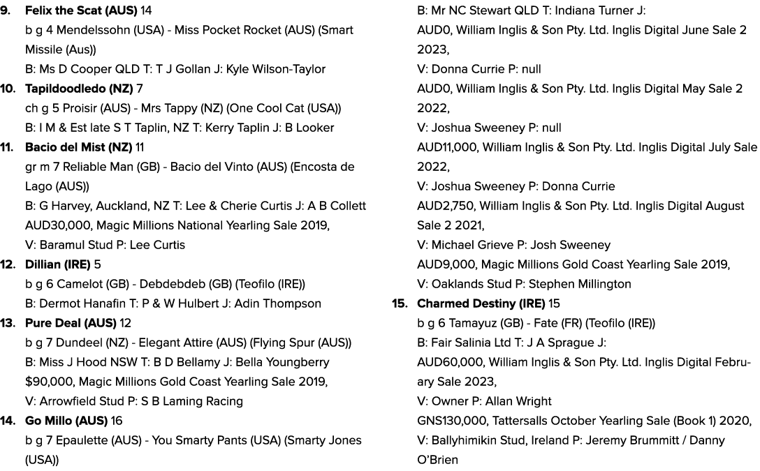9. Felix the Scat (AUS) 14 b g 4 Mendelssohn (USA) Miss Pocket Rocket (AUS) (Smart Missile (Aus)) B: Ms D Cooper QLD ...