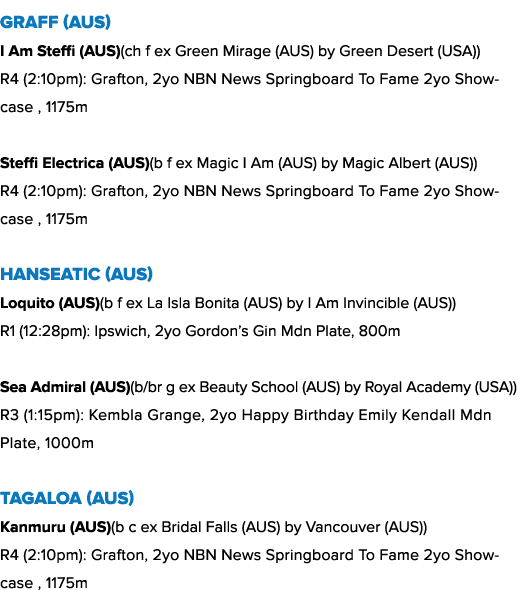Graff (AUS) I Am Steffi (AUS)(ch f ex Green Mirage (AUS) by Green Desert (USA)) R4 (2:10pm): Grafton, 2yo NBN News Sp...