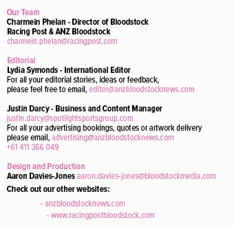 Our Team Charmein Phelan Director of Bloodstock Racing Post & ANZ Bloodstock charmein.phelan@racingpost.com Editorial...