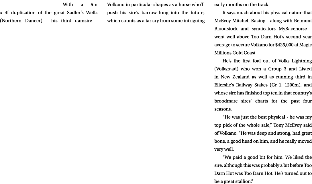With a 5m x 4f duplication of the great Sadler’s Wells (Northern Dancer) his third damsire Volkano in particular shap...
