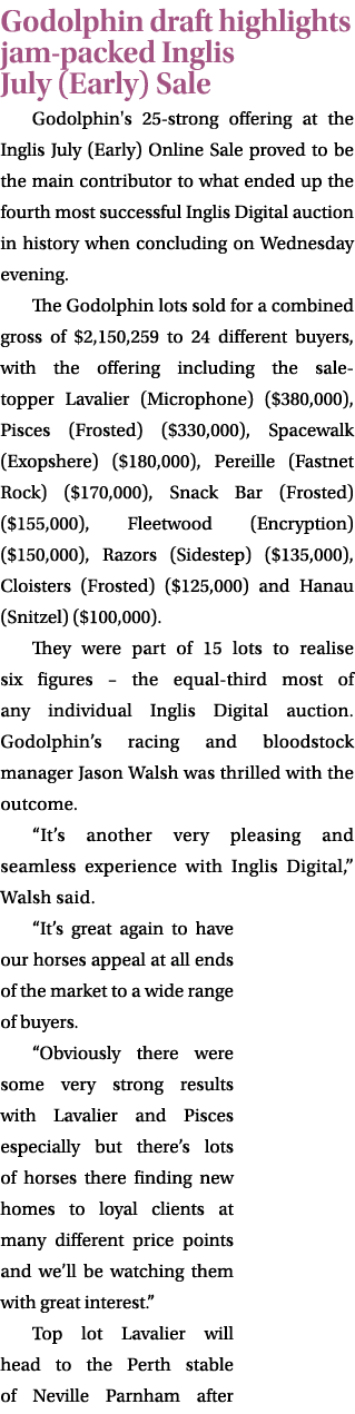 Godolphin draft highlights jam packed Inglis July (Early) Sale Godolphin's 25 strong offering at the Inglis July (Ear...