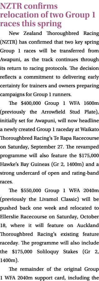 NZTR confirms relocation of two Group 1 races this spring New Zealand Thoroughbred Racing (NZTR) has confirmed that t...