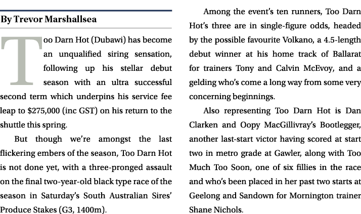 ￼ Too Darn Hot (Dubawi) has become an unqualified siring sensation, following up his stellar debut season with an ult...