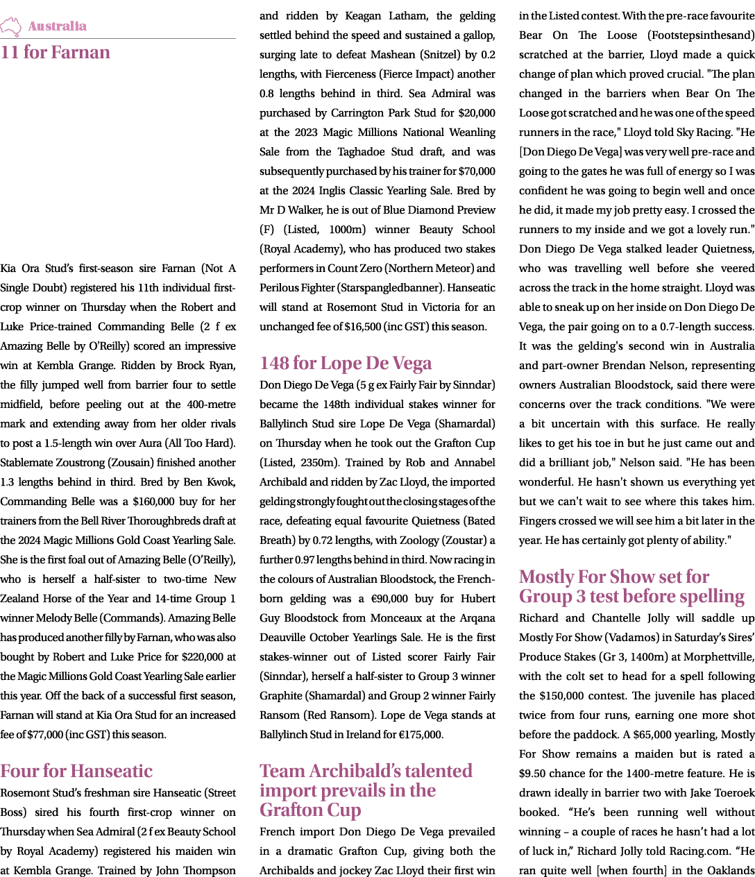 ￼ 11 for Farnan Kia Ora Stud’s first season sire Farnan (Not A Single Doubt) registered his 11th individual first cro...