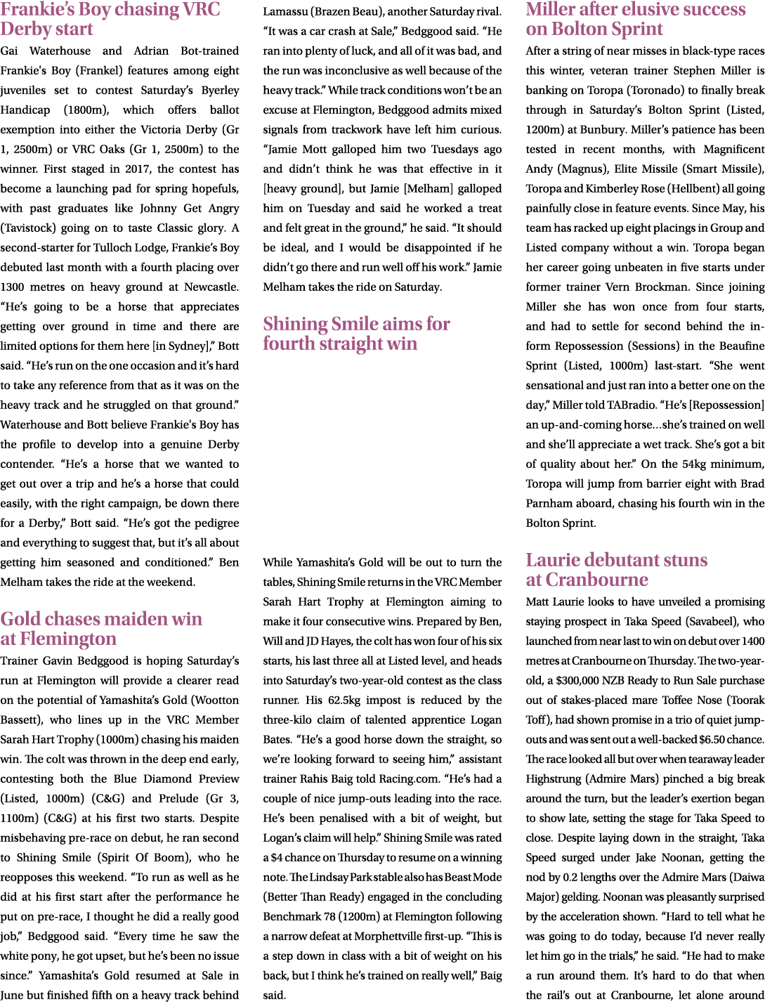 Frankie’s Boy chasing VRC Derby start Gai Waterhouse and Adrian Bot trained Frankie's Boy (Frankel) features among ei...