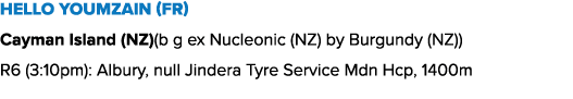 Hello Youmzain (FR) Cayman Island (NZ)(b g ex Nucleonic (NZ) by Burgundy (NZ)) R6 (3:10pm): Albury, null Jindera Tyre...