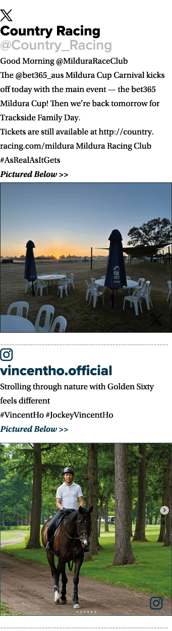 ￼ Country Racing @Country_Racing Good Morning @MilduraRaceClub The @bet365_aus Mildura Cup Carnival kicks off today w...