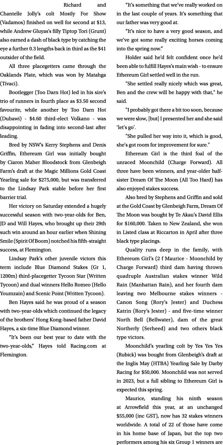 Richard and Chantelle Jolly’s colt Mostly For Show (Vadamos) finished on well for second at $13, while Andrew Gluyas’...