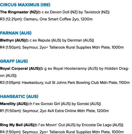 Circus Maximus (IRE) The Ringmaster (NZ)(b c ex Devon Doll (NZ) by Tavistock (NZ)) R3 (12:21pm): Oamaru, One Smart Co...