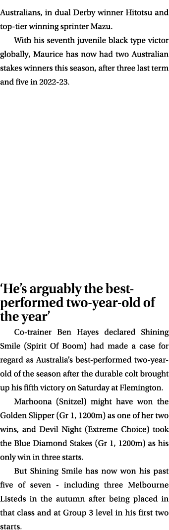 Australians, in dual Derby winner Hitotsu and top tier winning sprinter Mazu. With his seventh juvenile black type vi...