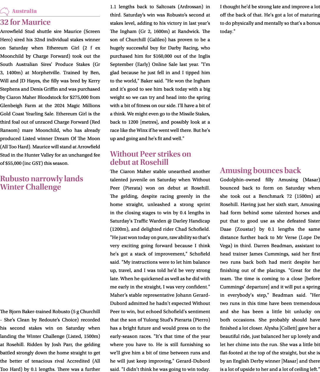 ￼ 32 for Maurice Arrowfield Stud shuttle sire Maurice (Screen Hero) sired his 32nd individual stakes winner on Saturd...
