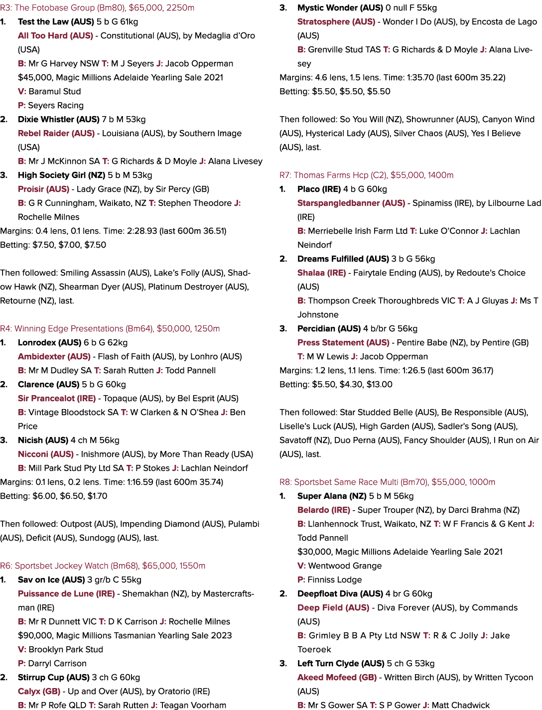 R3: The Fotobase Group (Bm80), $65,000, 2250m 1. Test the Law (AUS) 5 b G 61kg All Too Hard (AUS) Constitutional (AUS...