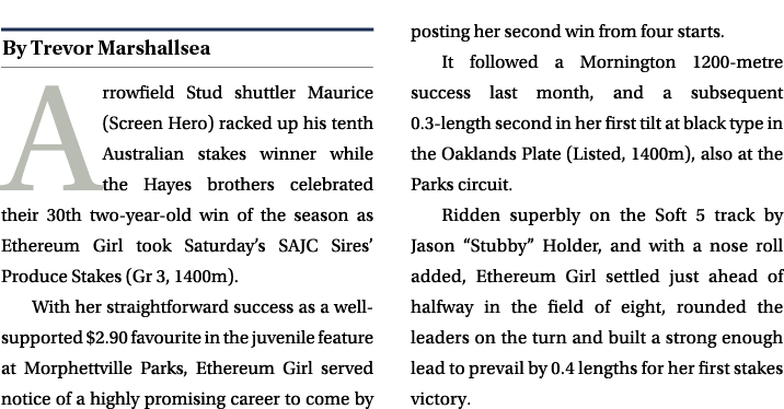 ￼ Arrowfield Stud shuttler Maurice (Screen Hero) racked up his tenth Australian stakes winner while the Hayes brother...