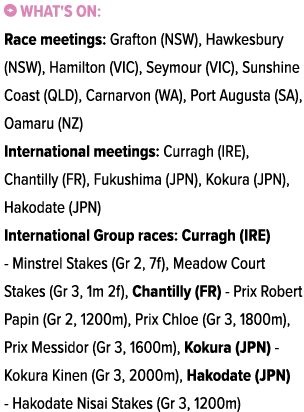 ￼ What's on: Race meetings: Grafton (NSW), Hawkesbury (NSW), Hamilton (VIC), Seymour (VIC), Sunshine Coast (QLD), Car...