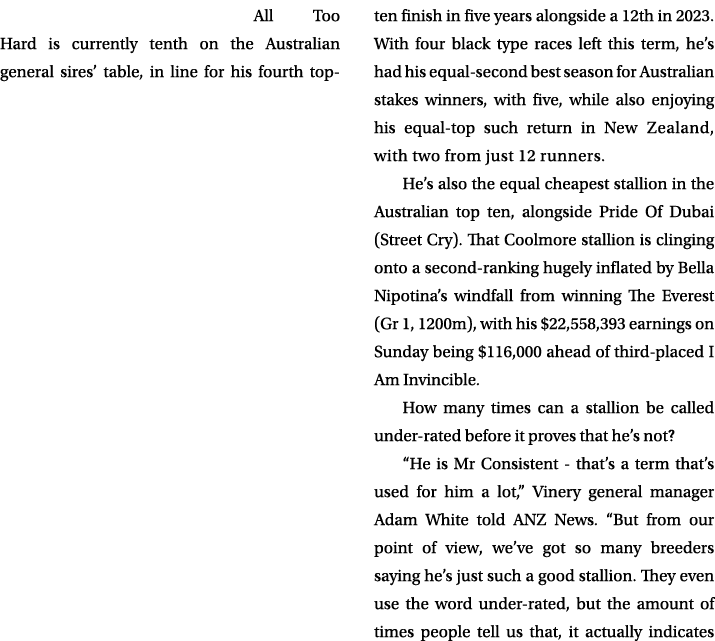 All Too Hard is currently tenth on the Australian general sires’ table, in line for his fourth top ten finish in five...